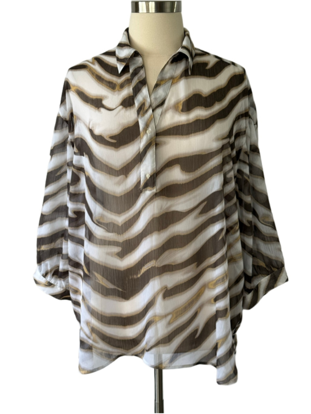 Chico’s size 18-20 Animal Print Sheer Blouse, Brown and White (Chico’s 4)